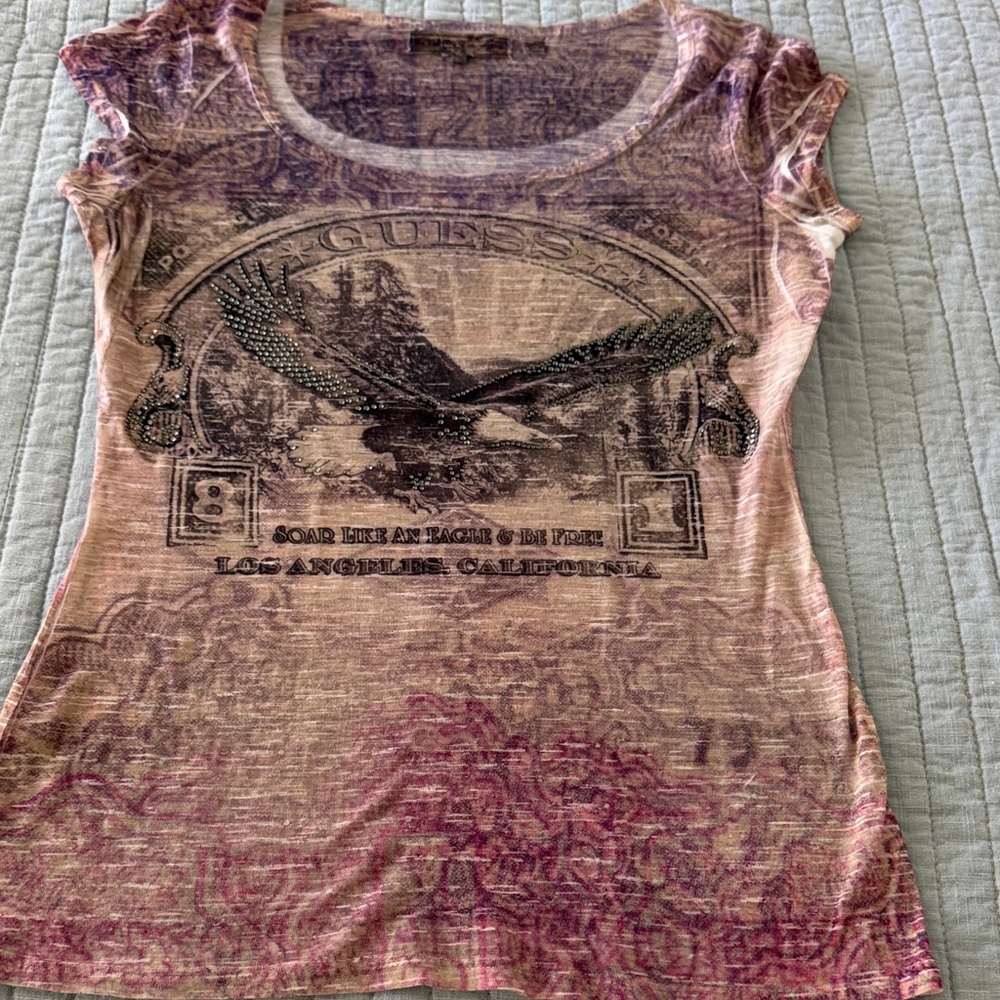Guess Pink and Purple Wash Eagle Graphic Scoop Tee